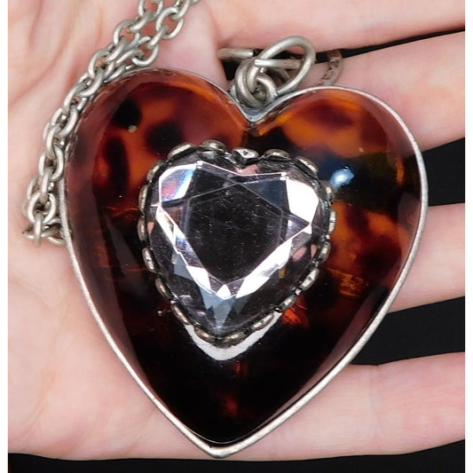 Chunky Tortoise Heart Necklace  With Faceted Gem Accent