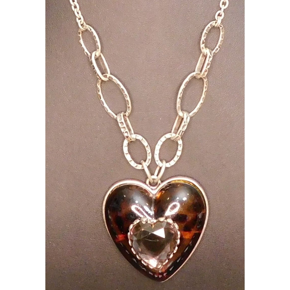 Chunky Tortoise Heart Necklace  With Faceted Gem Accent
