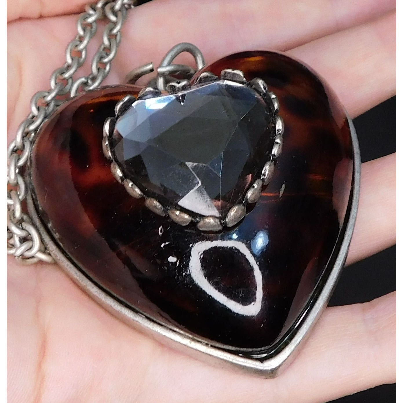 Chunky Tortoise Heart Necklace  With Faceted Gem Accent