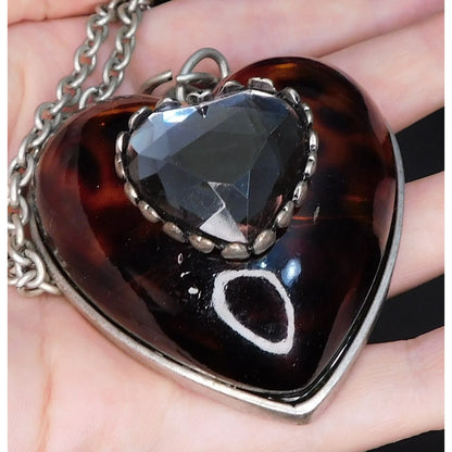 Chunky Tortoise Heart Necklace  With Faceted Gem Accent