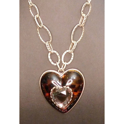 Chunky Tortoise Heart Necklace  With Faceted Gem Accent
