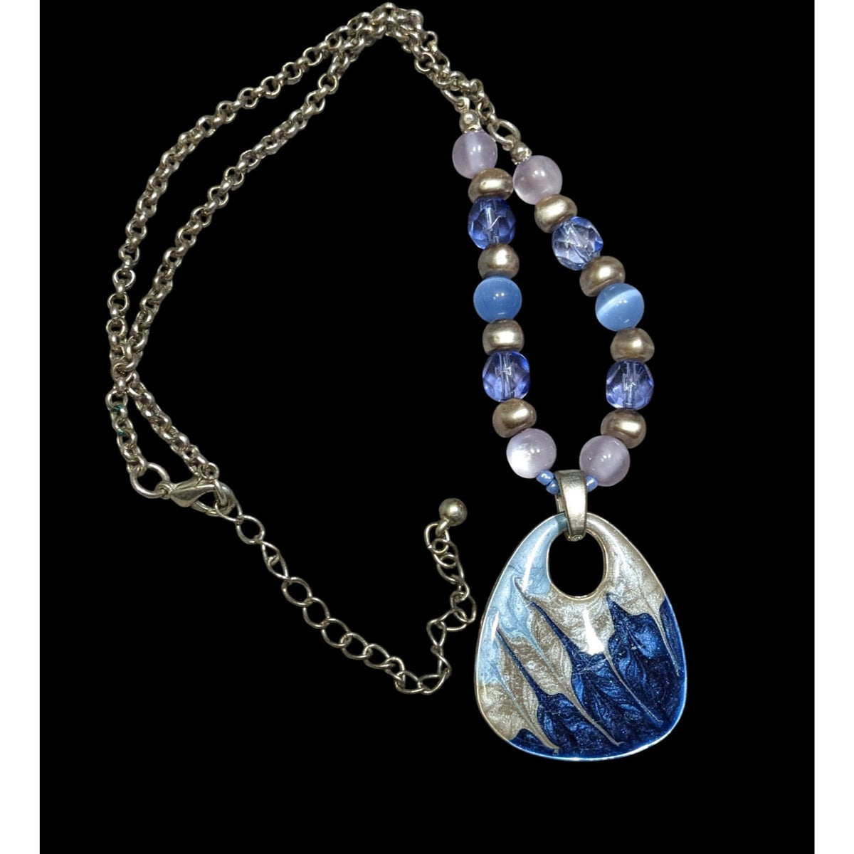 Abstract Beaded Necklace With Blue And Silver Tone Enamel Pendant
