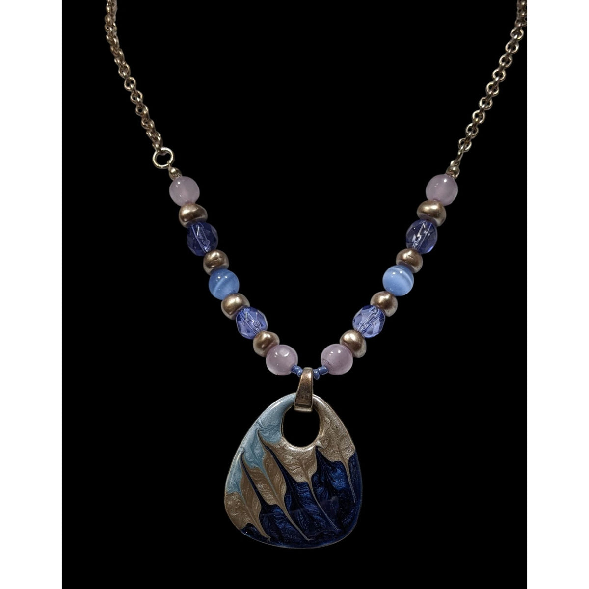 Abstract Beaded Necklace With Blue And Silver Tone Enamel Pendant