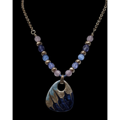 Abstract Beaded Necklace With Blue And Silver Tone Enamel Pendant