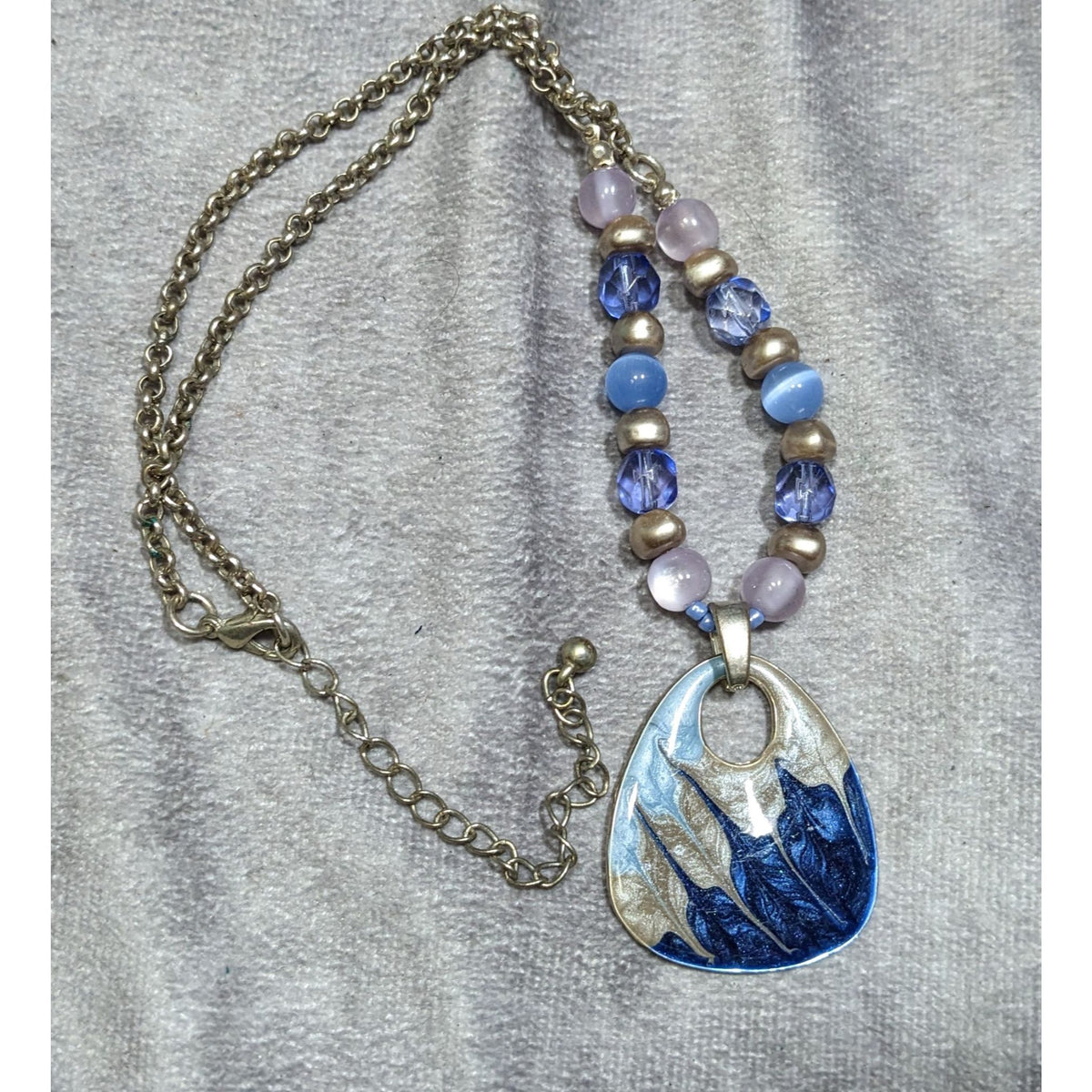Abstract Beaded Necklace With Blue And Silver Tone Enamel Pendant