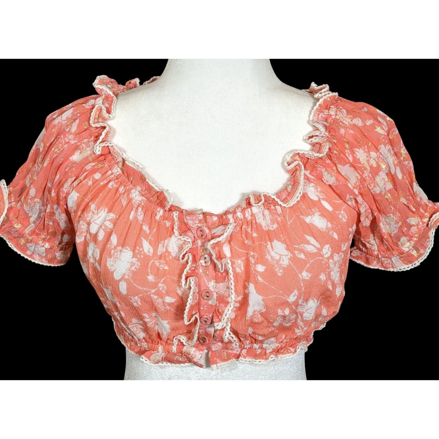 Sunday Saint-Tropez Pink/Orange Floral Ruffle Crop Top With Gold Tone Accents