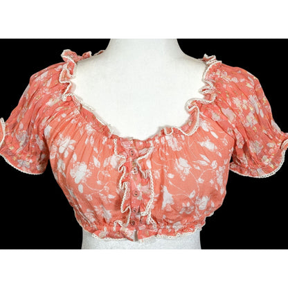 Sunday Saint-Tropez Pink/Orange Floral Ruffle Crop Top With Gold Tone Accents
