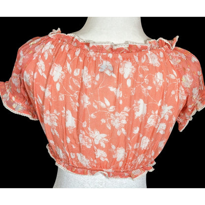 Sunday Saint-Tropez Pink/Orange Floral Ruffle Crop Top With Gold Tone Accents