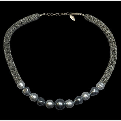 Vintage 90s Coldwater Creek Silver Tone Floral Disc And Faux Pearl Necklace