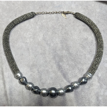 Vintage 90s Coldwater Creek Silver Tone Floral Disc And Faux Pearl Necklace