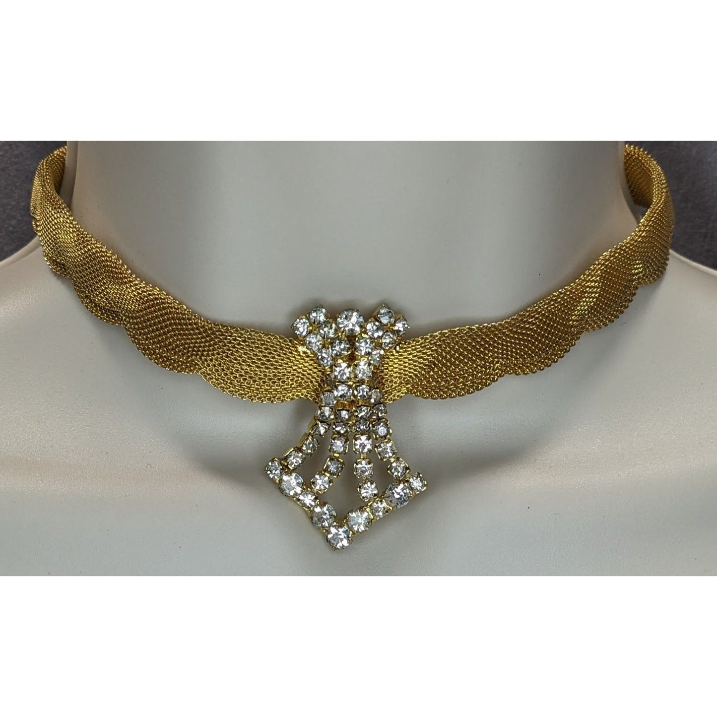 Glam Vintage Gold Mesh Rhinestone Choker Necklace Statement Old Hollywood