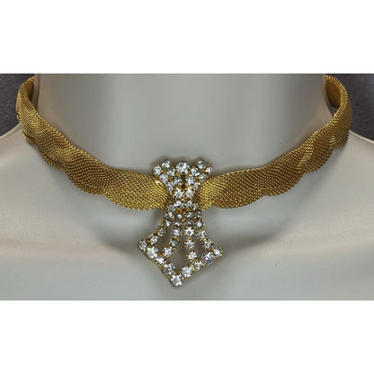 Glam Vintage Gold Mesh Rhinestone Choker Necklace Statement Old Hollywood