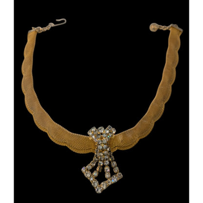 Glam Vintage Gold Mesh Rhinestone Choker Necklace Statement Old Hollywood