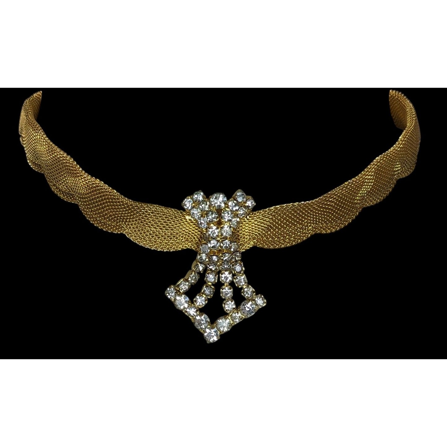Glam Vintage Gold Mesh Rhinestone Choker Necklace Statement Old Hollywood
