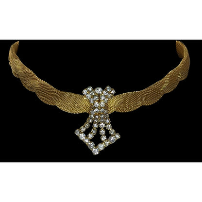 Glam Vintage Gold Mesh Rhinestone Choker Necklace Statement Old Hollywood