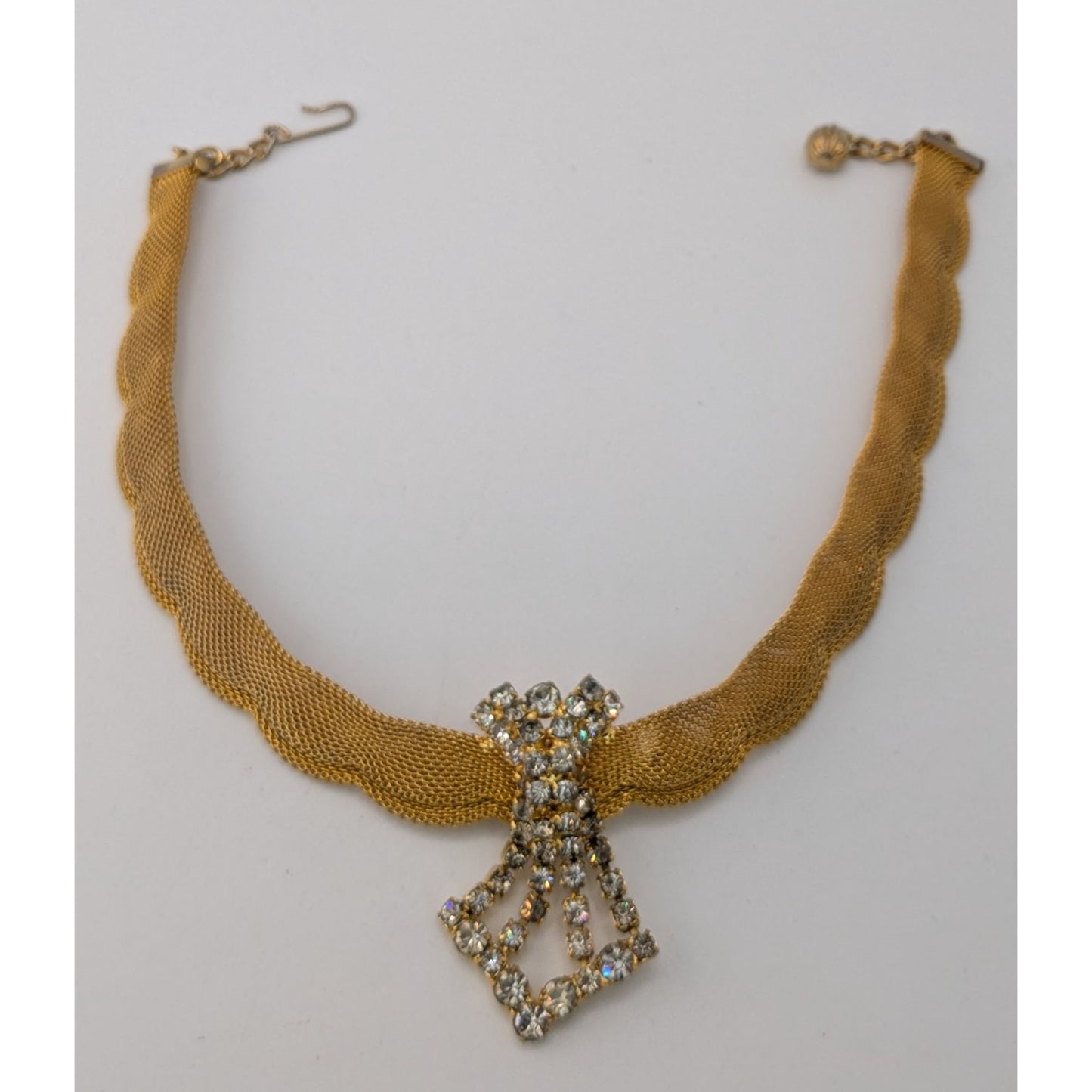 Glam Vintage Gold Mesh Rhinestone Choker Necklace Statement Old Hollywood