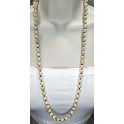 Vintage Fossil Jasper Beaded Necklace Cream Silver Tone Earthy Natural Stone Jewelry