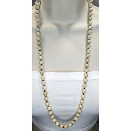 Vintage Fossil Jasper Beaded Necklace Cream Silver Tone Earthy Natural Stone Jewelry