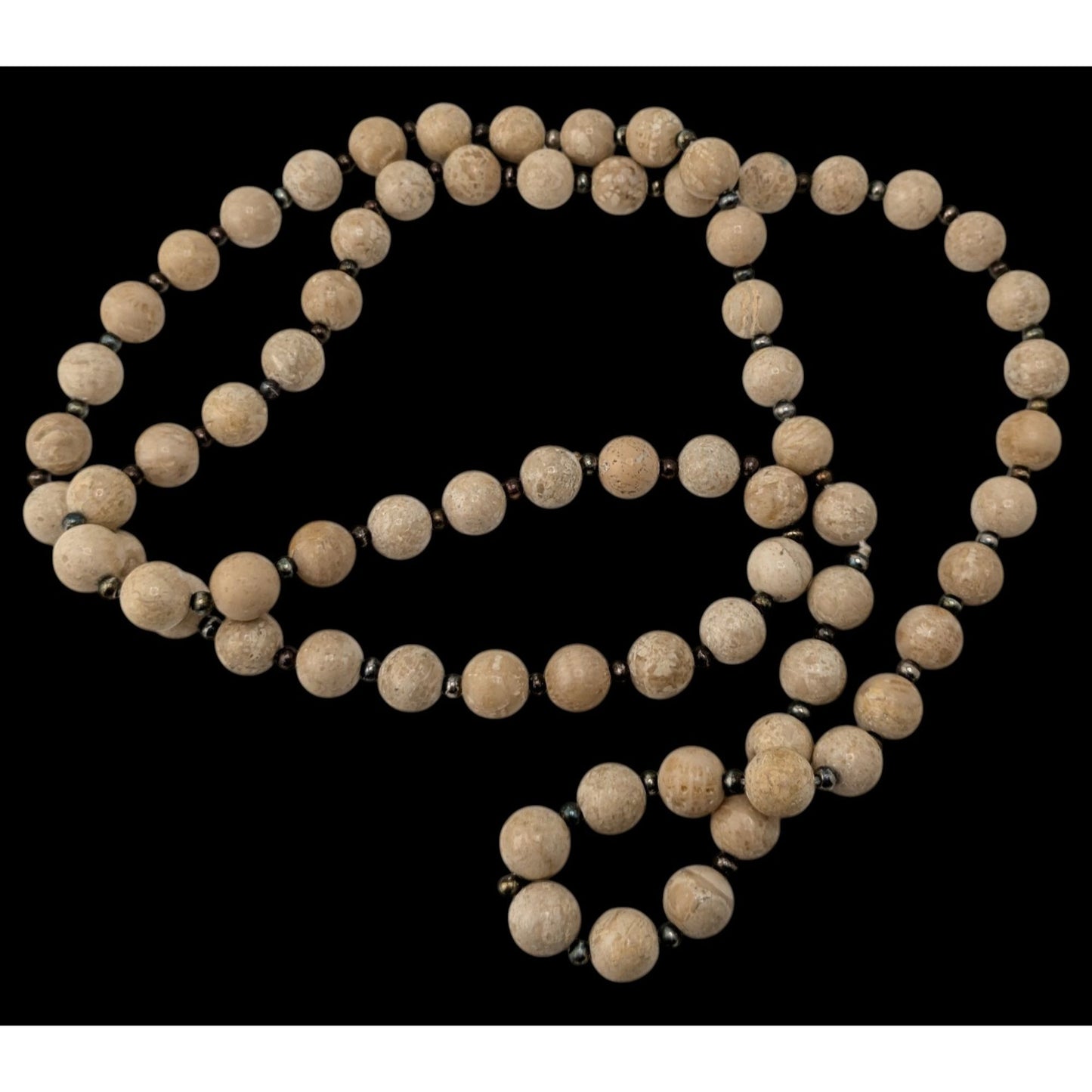 Vintage Fossil Jasper Beaded Necklace Cream Silver Tone Earthy Natural Stone Jewelry