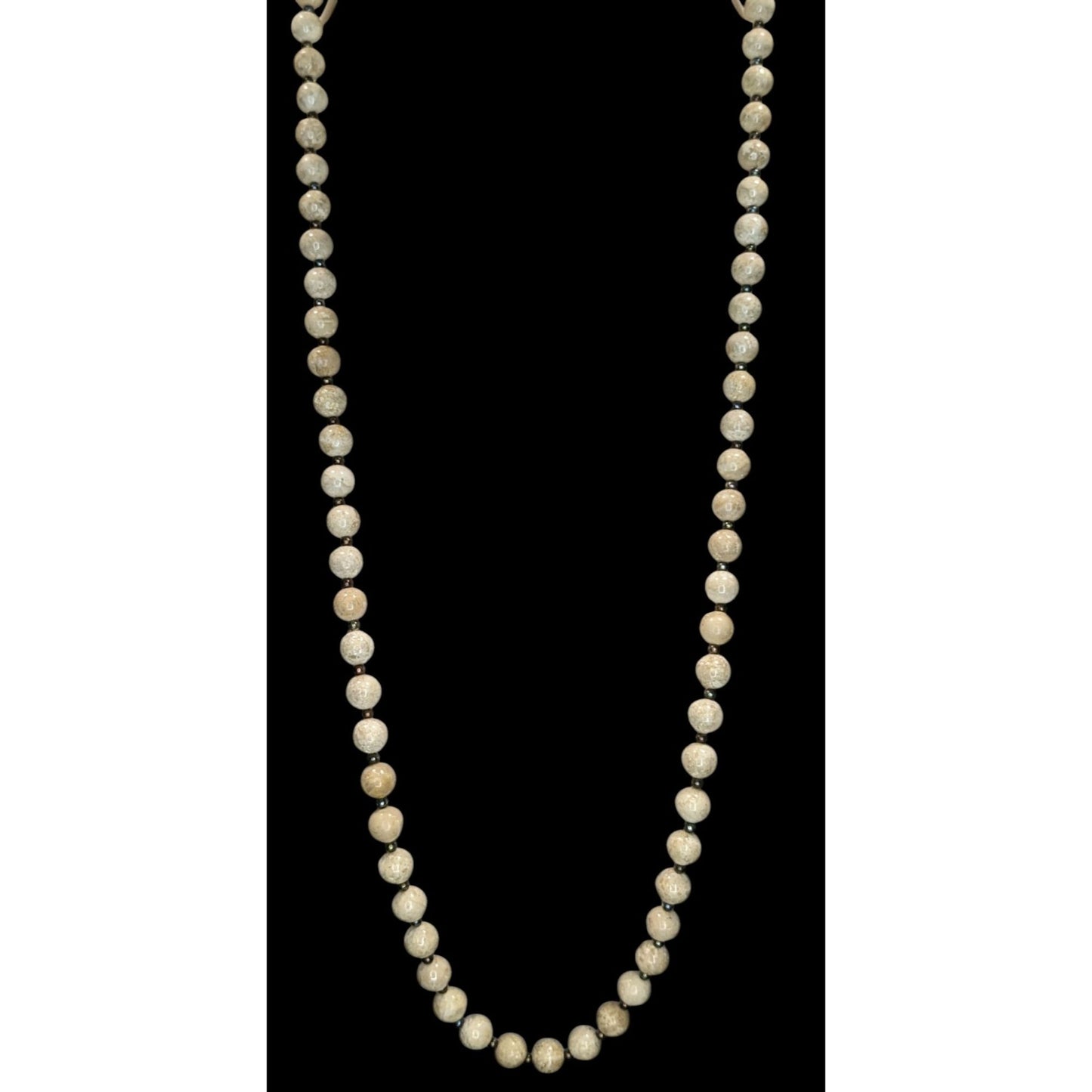 Vintage Fossil Jasper Beaded Necklace Cream Silver Tone Earthy Natural Stone Jewelry
