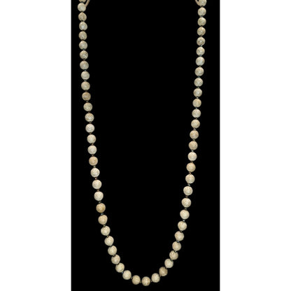 Vintage Fossil Jasper Beaded Necklace Cream Silver Tone Earthy Natural Stone Jewelry