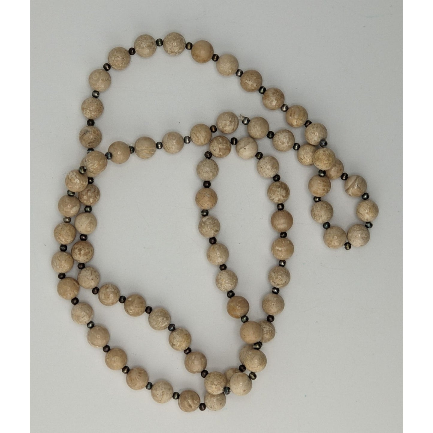Vintage Fossil Jasper Beaded Necklace Cream Silver Tone Earthy Natural Stone Jewelry