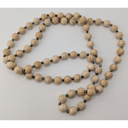 Vintage Fossil Jasper Beaded Necklace Cream Silver Tone Earthy Natural Stone Jewelry