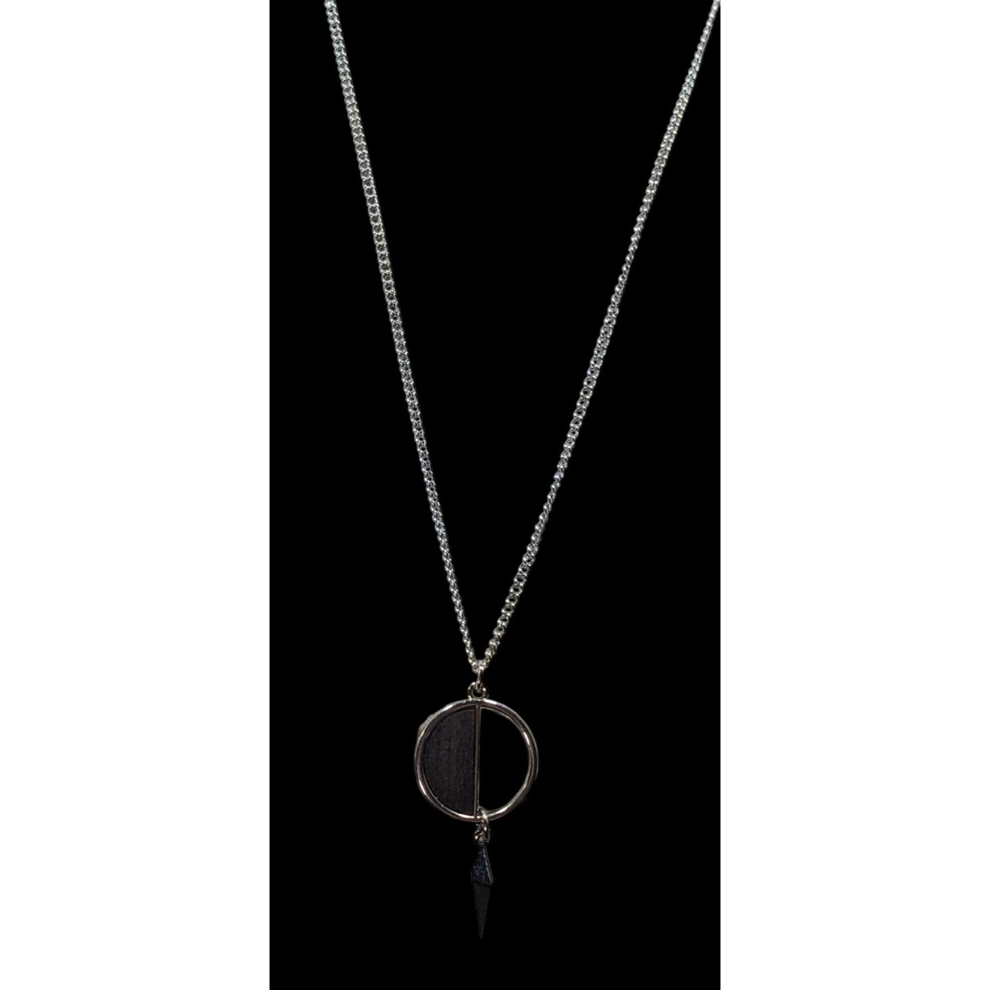 Geometric Brown Wood And Silver Tone Metal Pendant Necklace