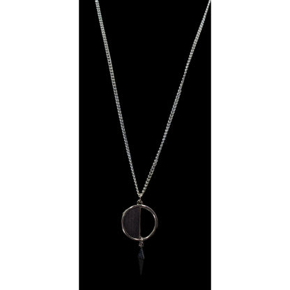 Geometric Brown Wood And Silver Tone Metal Pendant Necklace