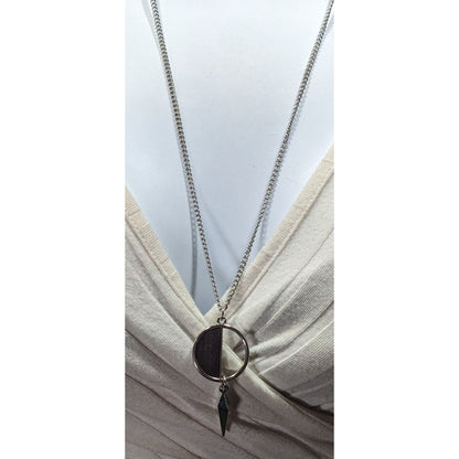 Geometric Brown Wood And Silver Tone Metal Pendant Necklace