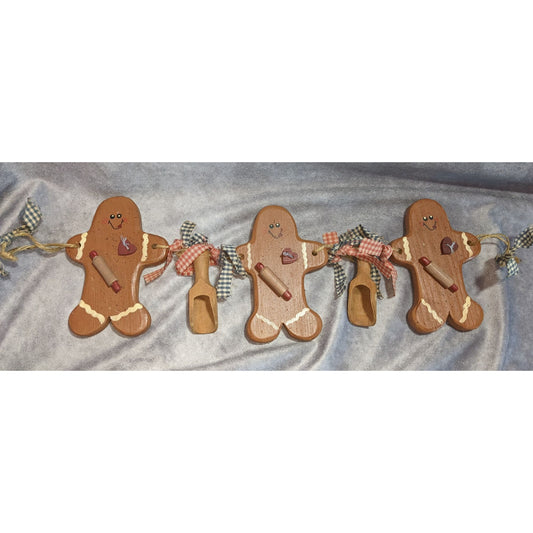 Coquette Cottagecore Christmas Gingerbread Wooden Garland Ornament Primitive Holiday Decor